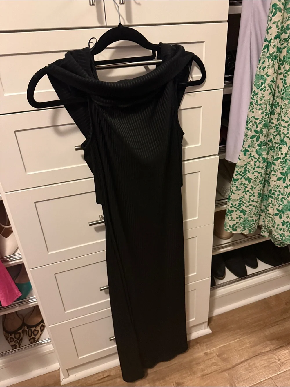 Michael Kors Black Sleeveless Ribbed Midi Dress with Draped Cowl